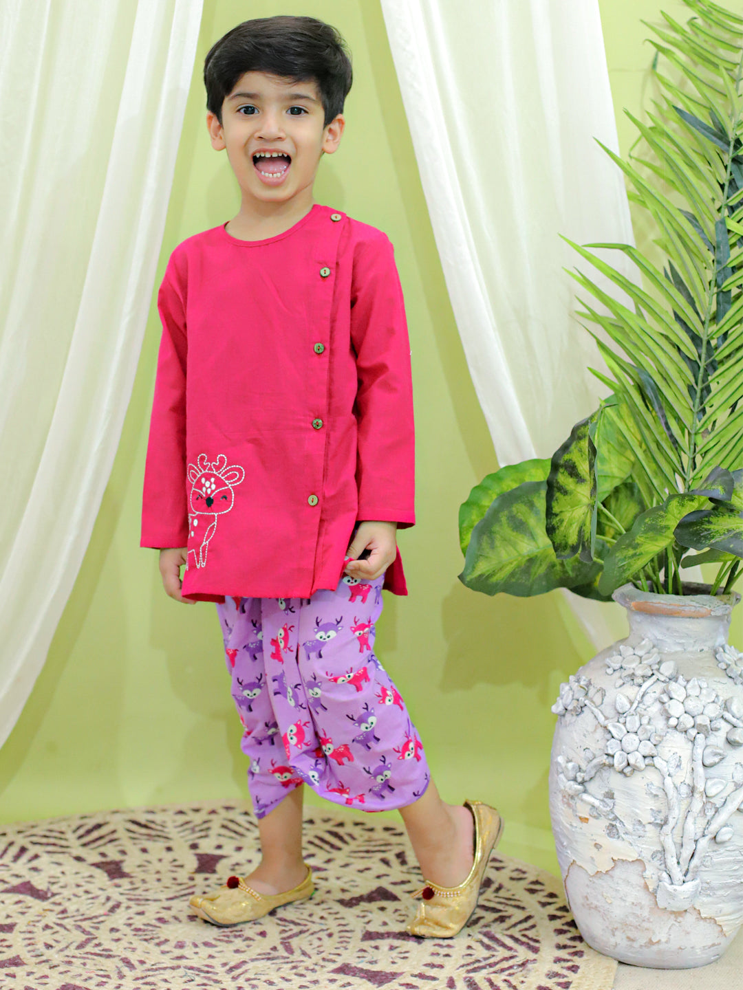 BownBee Embroidered Pure Cotton Purple Kurta with Printed Dhoti for Boys and Deer Print Purple Pure Cotton Top Harem Set for Girls