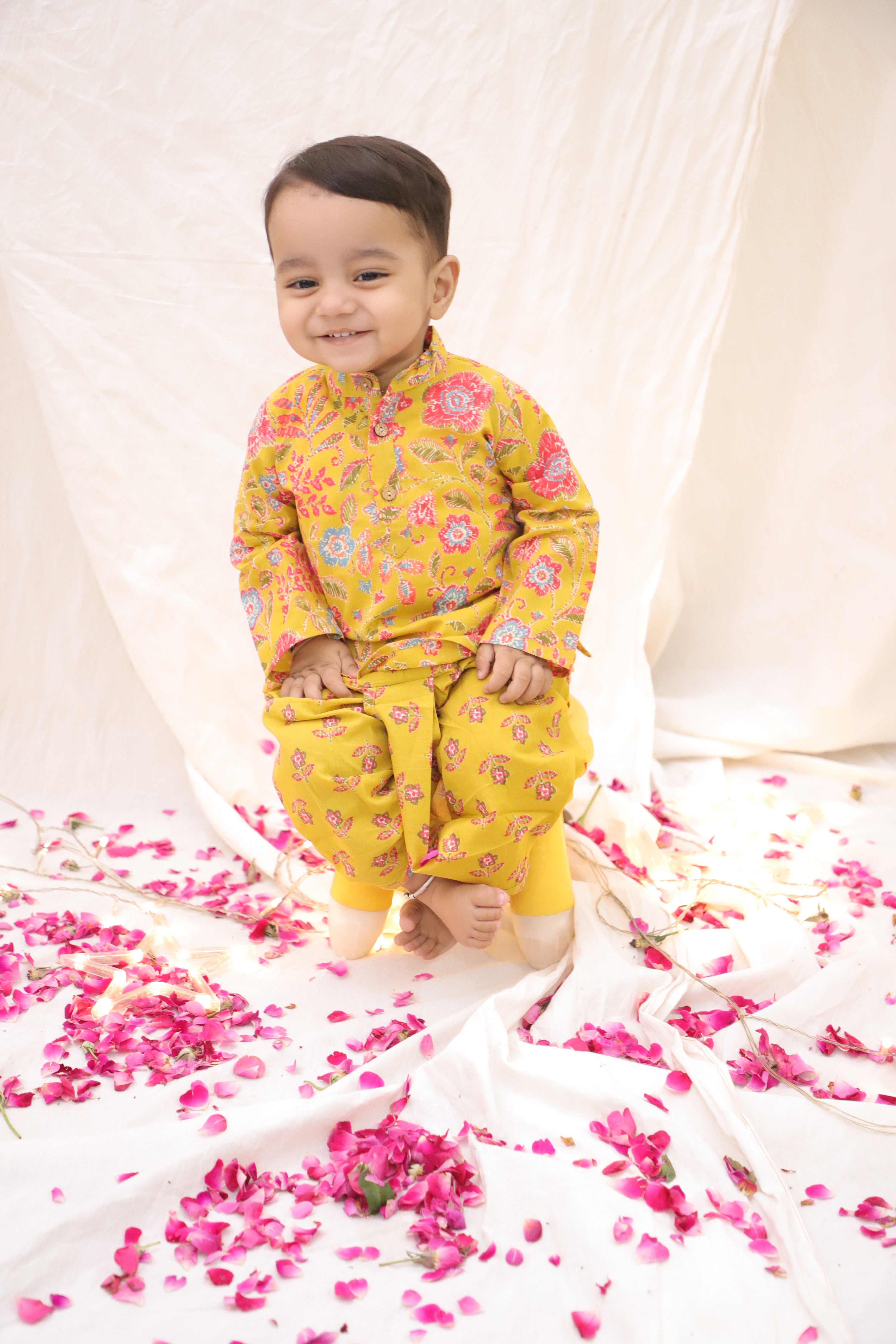 Bownbee Boys Cotton Dhoti Kurta For Infants  - Floral - Yellow