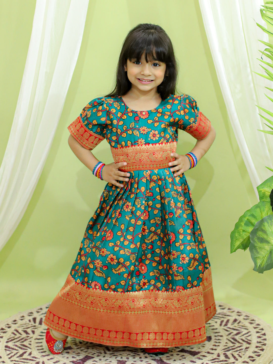 BownBee Kalamkari Print Party Dress Gown for Girls and Printed Jacket with Kurta Pajama for Boys- Green