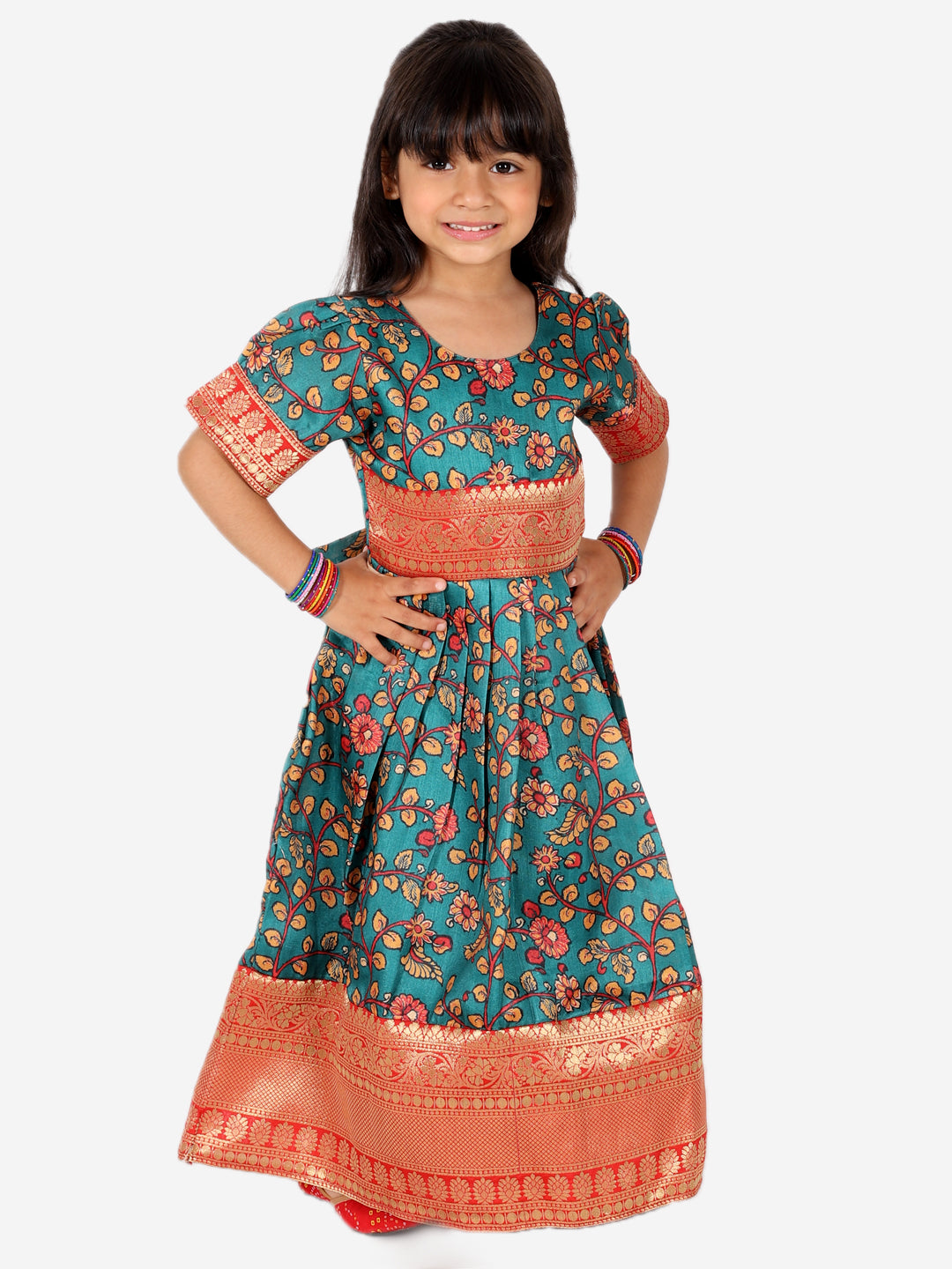 BownBee Kalamkari Print Party Dress Gown for Girls and Printed Jacket with Kurta Pajama for Boys- Green