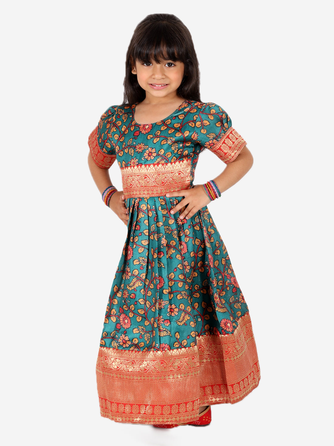 BownBee Kalamkari Print Party Dress Gown for Girls and Printed Jacket with Kurta Pajama for Boys- Green