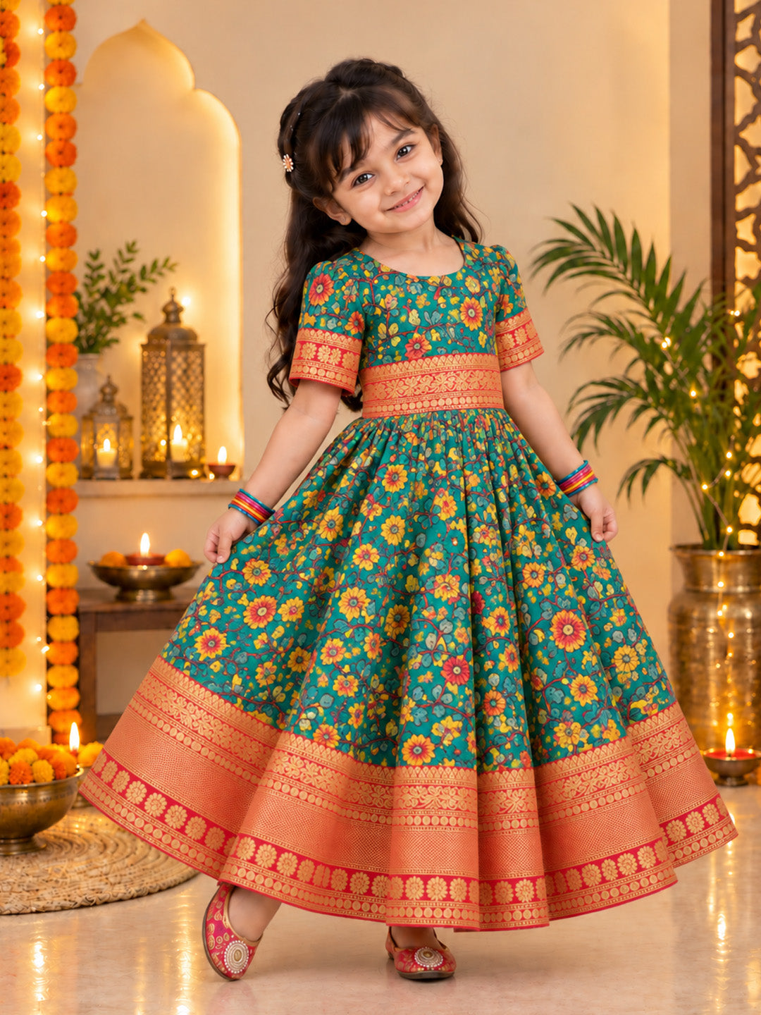 BownBee Kalamkari Print Party Dress Gown for Girls- Green