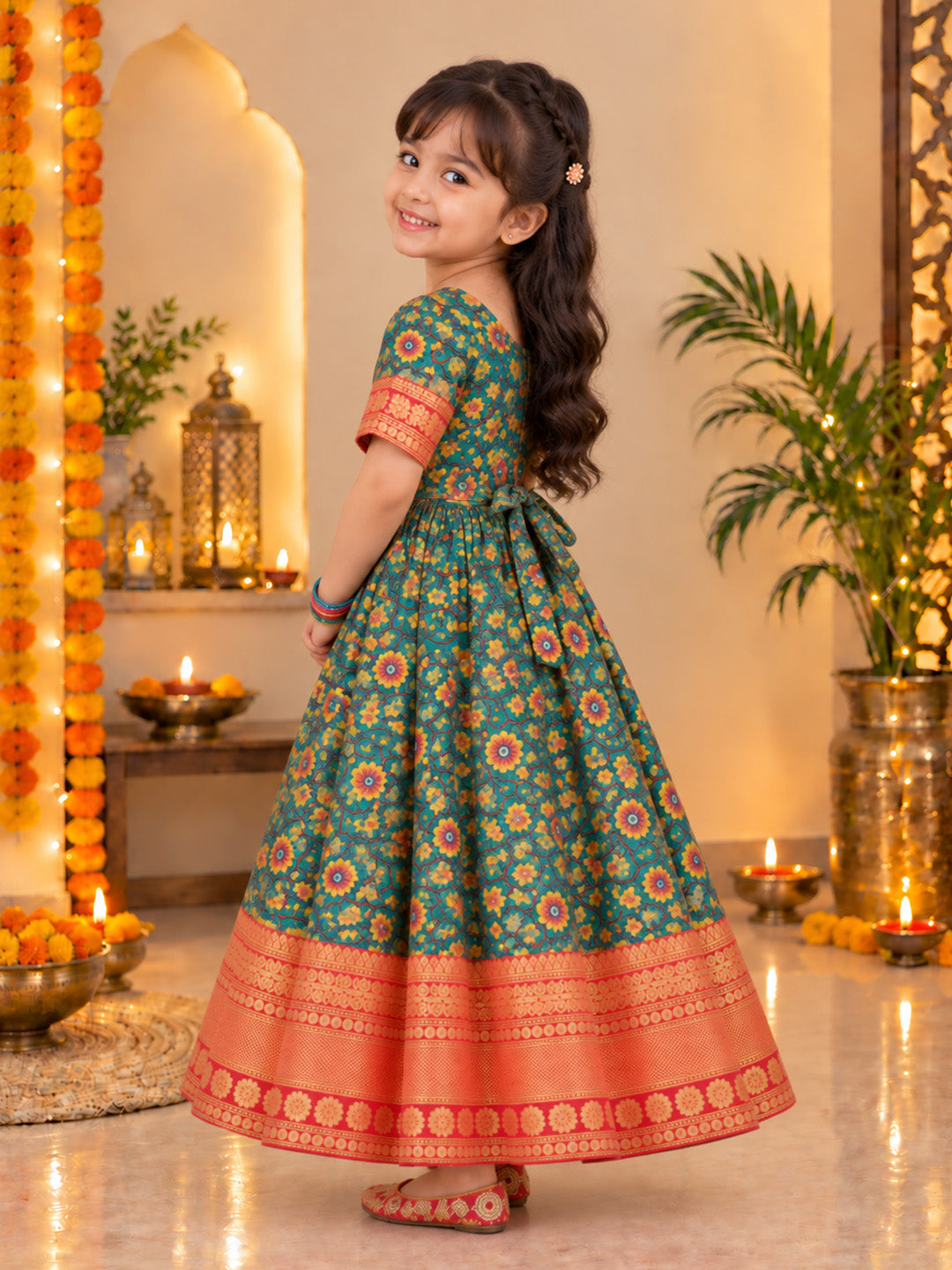 BownBee Kalamkari Print Party Dress Gown for Girls- Green