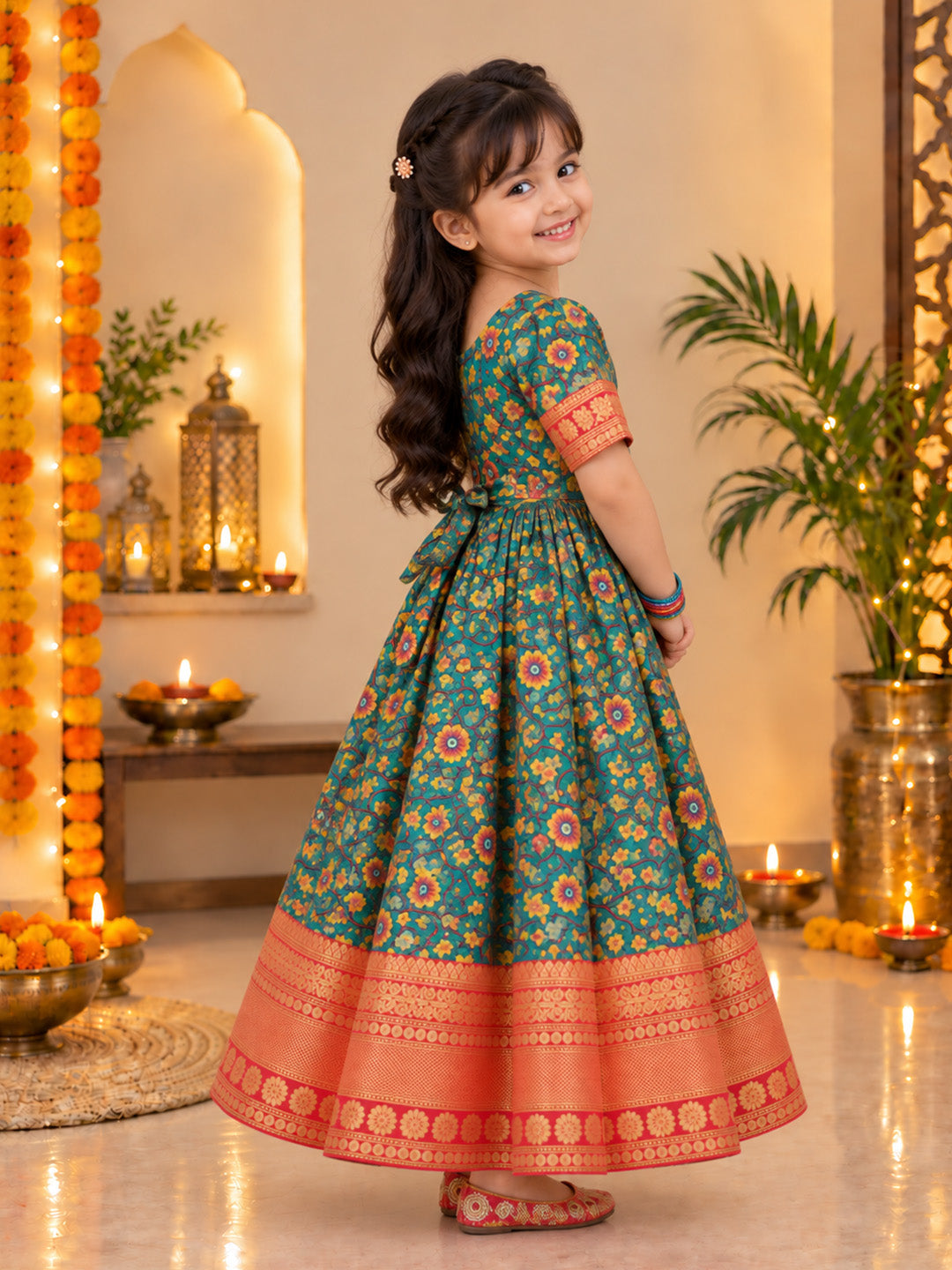 BownBee Kalamkari Print Party Dress Gown for Girls- Green