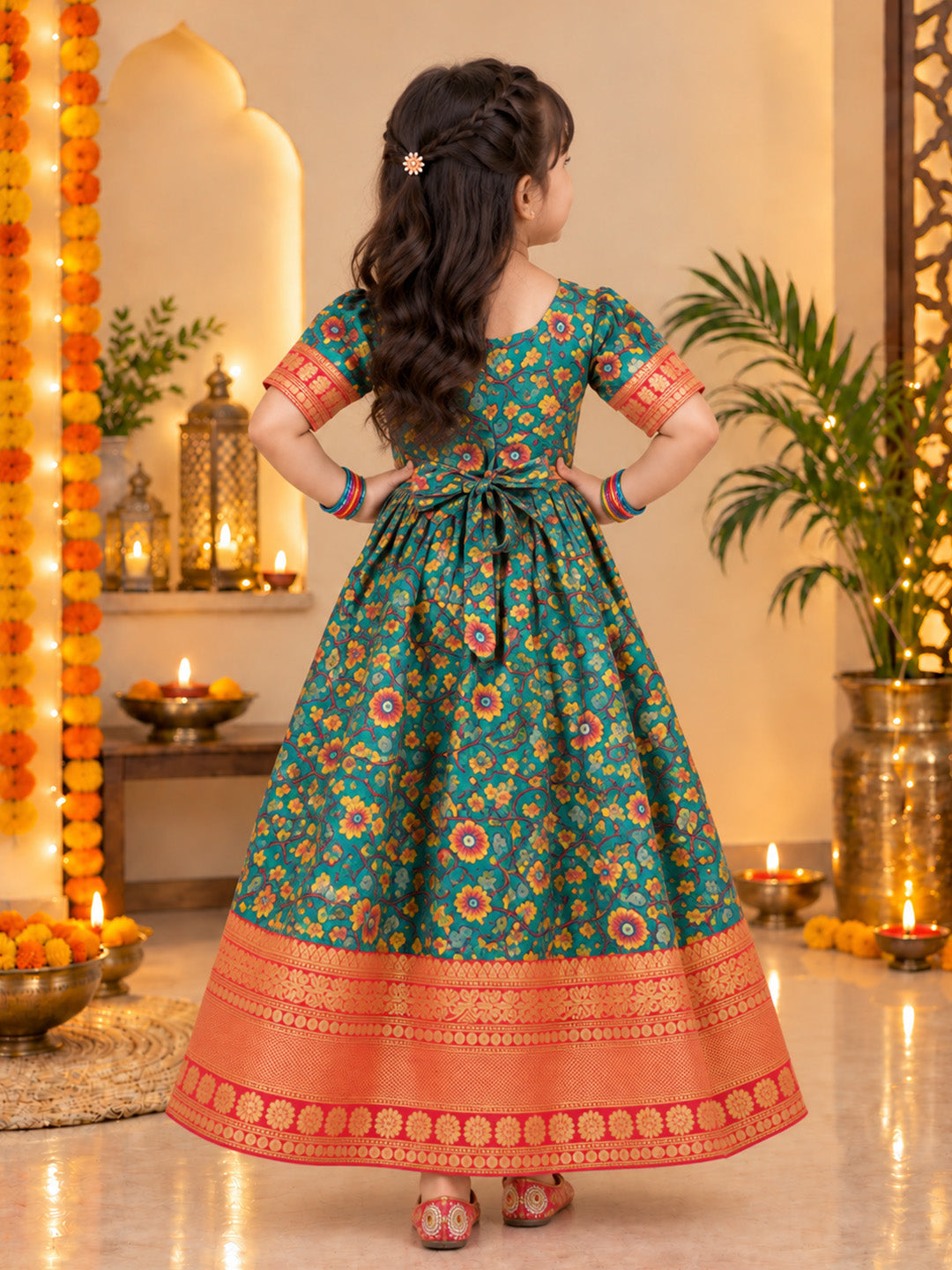 BownBee Kalamkari Print Party Dress Gown for Girls- Green