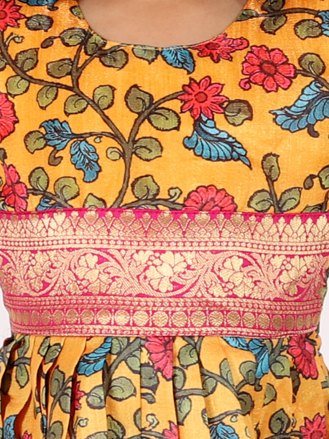 BownBee Sibling Set Kalamkari Print Jacket with Kurta Pajama for Boys- Yellow Kalamkari Print Party Dress Gown for Girls- Yellow