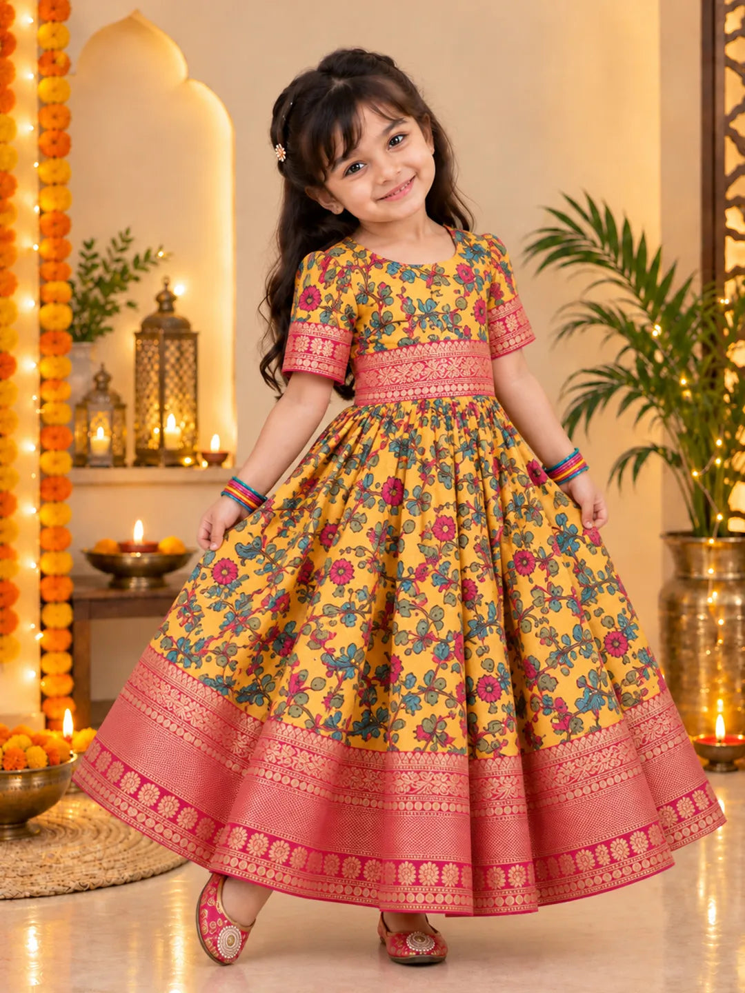 BownBee Kalamkari Print Party Dress Gown for Girls- Yellow