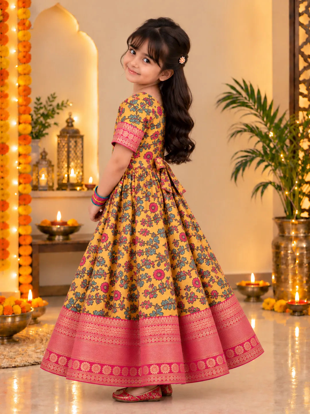 BownBee Kalamkari Print Party Dress Gown for Girls- Yellow