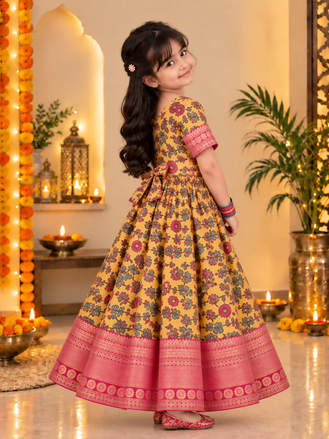BownBee Kalamkari Print Party Dress Gown for Girls- Yellow