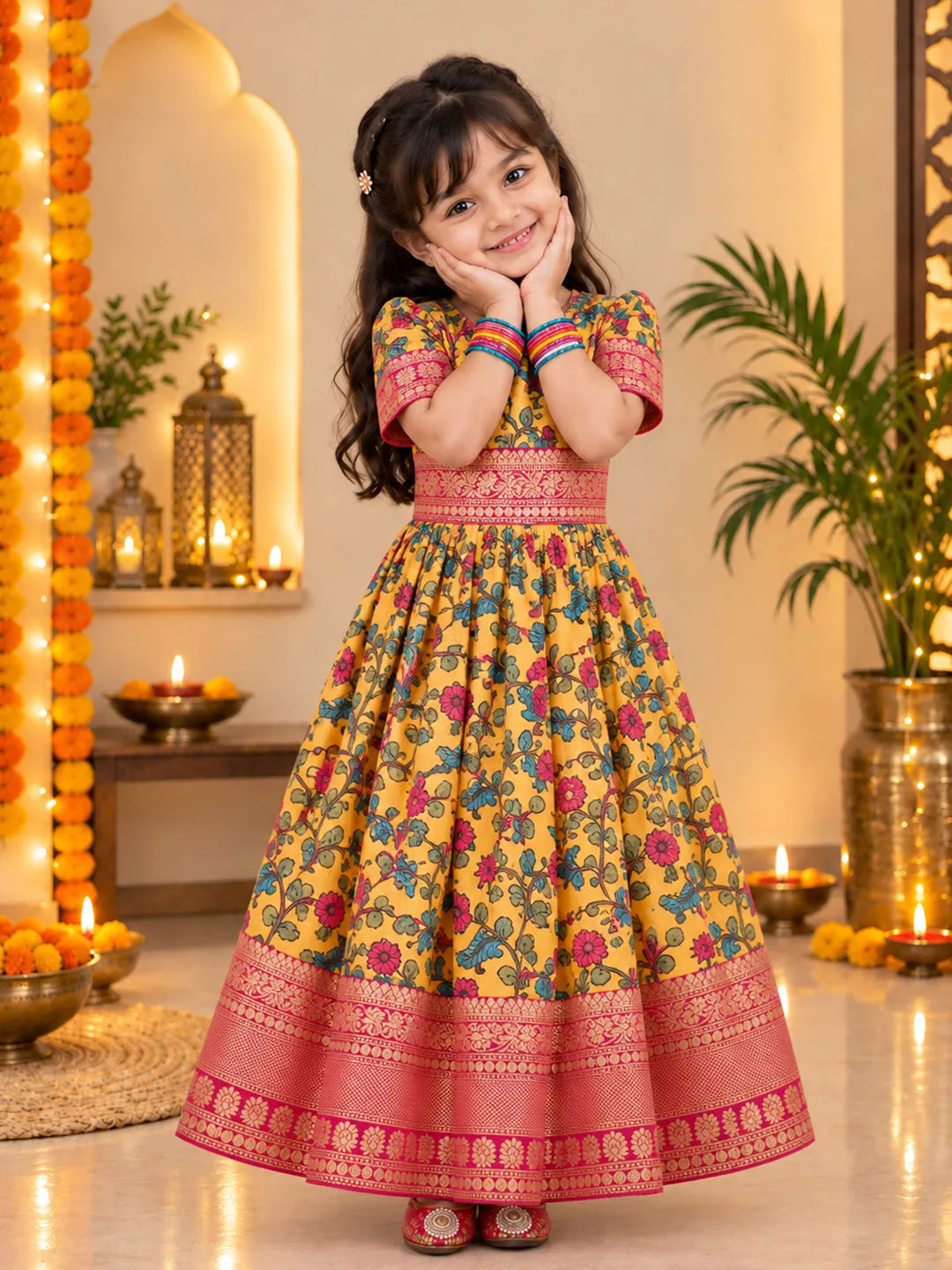 BownBee Kalamkari Print Party Dress Gown for Girls- Yellow