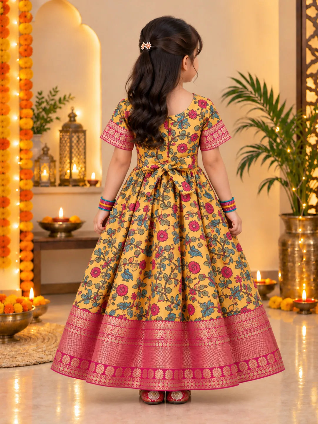 BownBee Kalamkari Print Party Dress Gown for Girls- Yellow