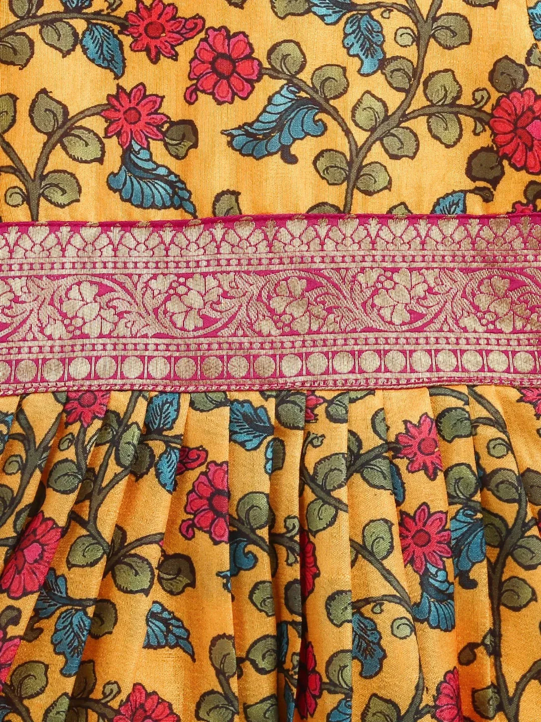 BownBee Kalamkari Print Party Dress Gown for Girls- Yellow