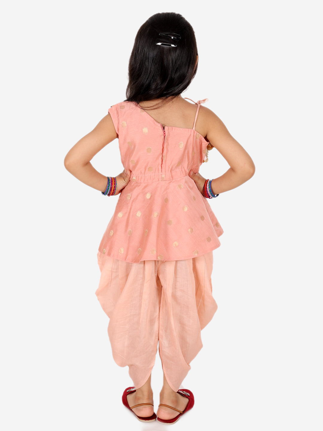 BownBee Chanderi Jacket with Chanderi Dhoti Kurta for Boys and One Shoulder Chanderi Silk  Peplum with Dhoti for Girls- Peach