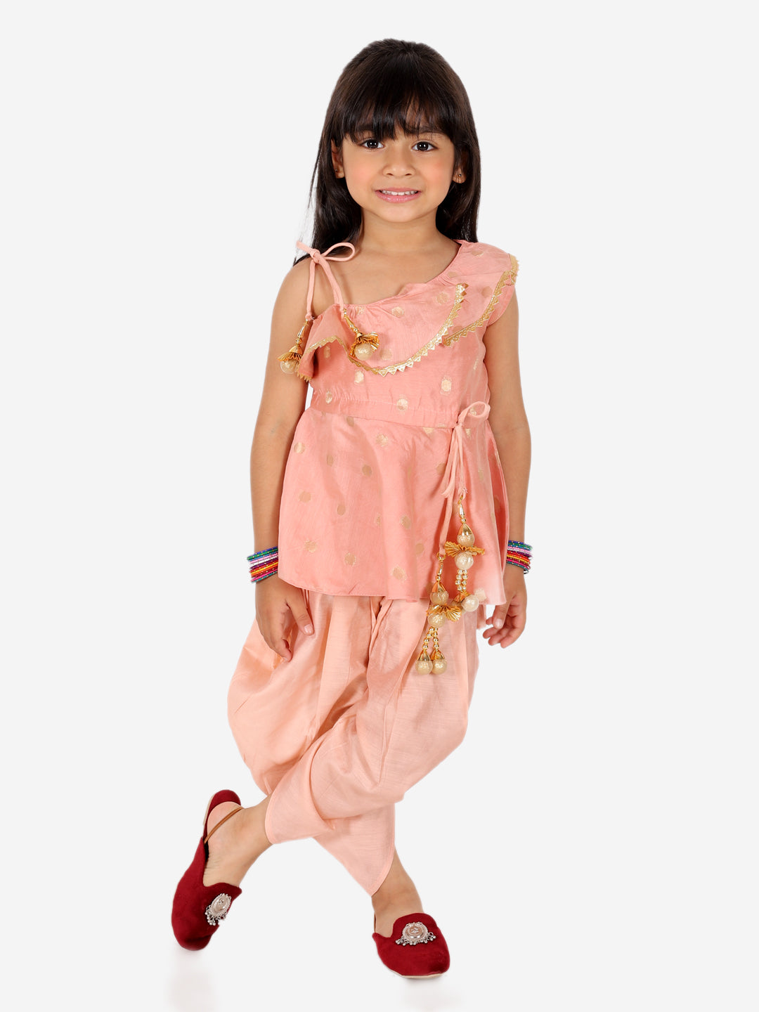 BownBee Chanderi Jacket with Chanderi Dhoti Kurta for Boys and One Shoulder Chanderi Silk  Peplum with Dhoti for Girls- Peach