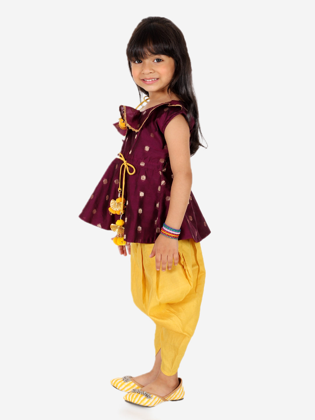 BownBee Chanderi Jacket with Chanderi Dhoti Kurta for Boys andOne Shoulder Chanderi Silk  Peplum with Dhoti for Girls- Purple