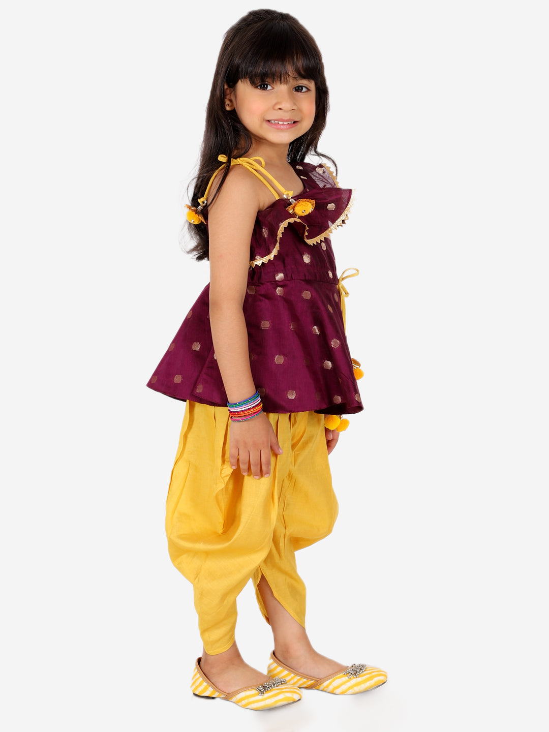 BownBee Chanderi Jacket with Chanderi Dhoti Kurta for Boys andOne Shoulder Chanderi Silk  Peplum with Dhoti for Girls- Purple