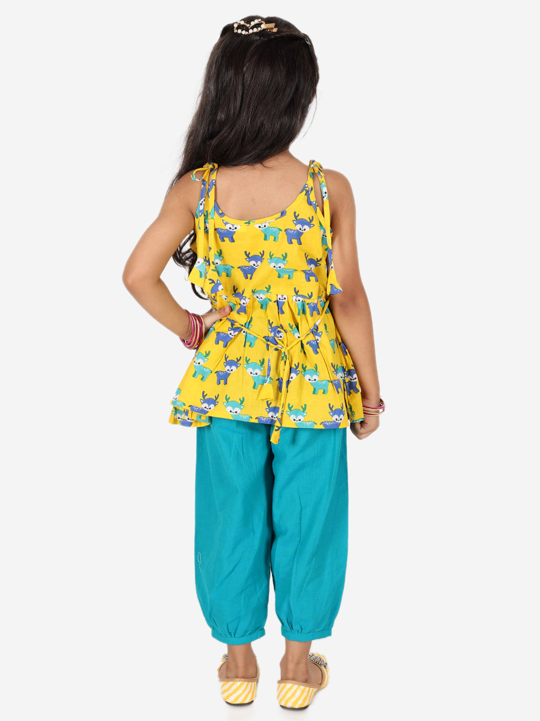 BownBee Sibling Set Embroidered Pure Cotton Kurta with Printed Dhoti for Boys with Deer Print Pure Cotton Top Harem Set for Girls