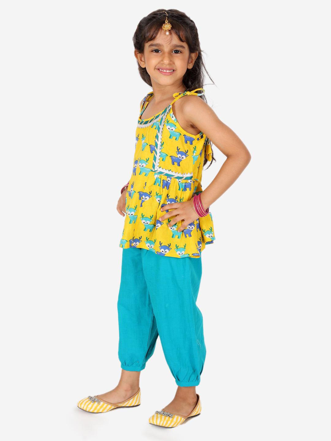 BownBee Deer Print Pure Cotton Top Harem Set for Girls- Yellow