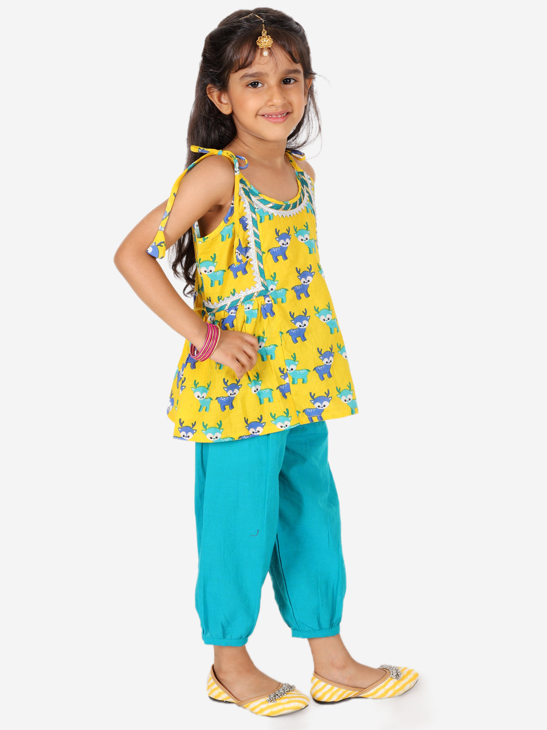 BownBee Sibling Set Embroidered Pure Cotton Kurta with Printed Dhoti for Boys with Deer Print Pure Cotton Top Harem Set for Girls