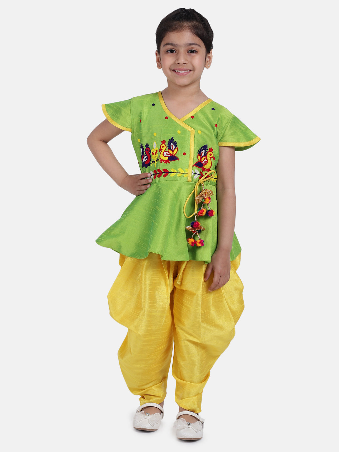 BownBee Peacock Embroidery Peplum Dhoti For Girls- Green