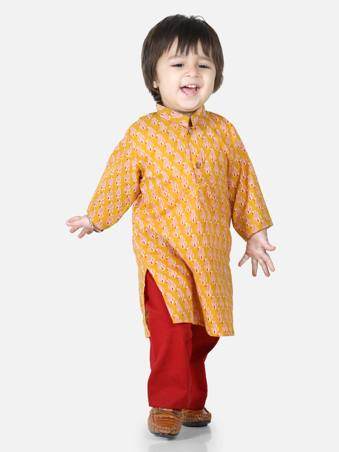 BownBee Pure Cotton Sibling set Kurta Pajama for Boys Halter Neck Kurti with Harem Dhoti pant  for Girls- Yellow