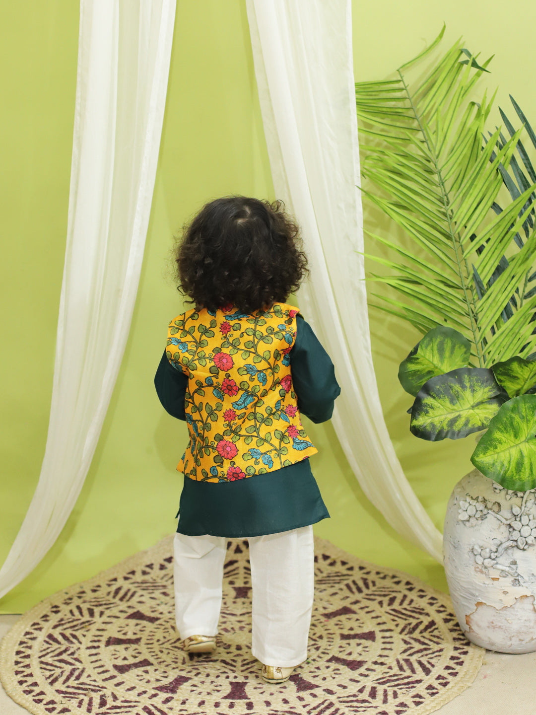 BownBee Kalamkari Print Jacket with Kurta Pajama for Boys- Yellow