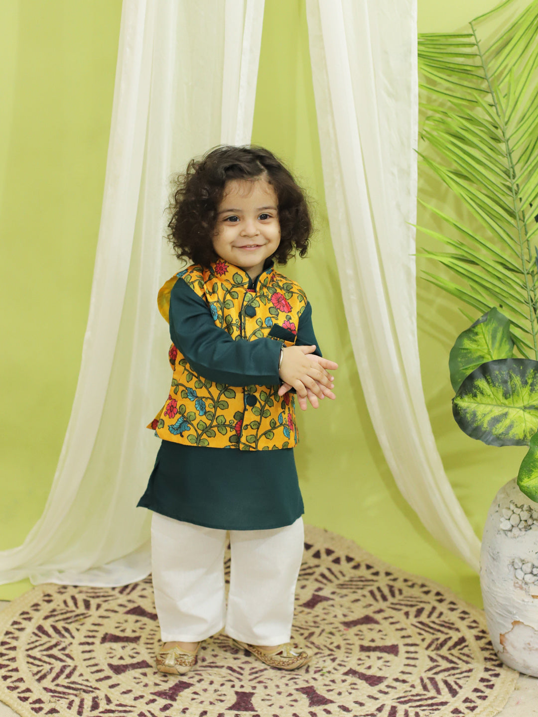 BownBee Kalamkari Print Party Dress Gown for Girls and Printed Jacket with Kurta Pajama for Boys- Yellow