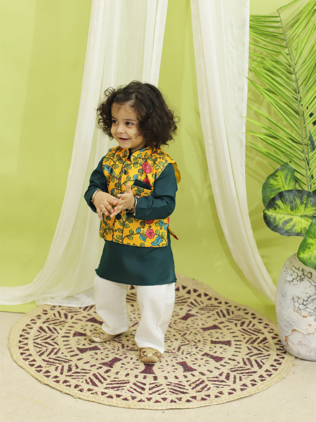 BownBee Kalamkari Print Party Dress Gown for Girls and Printed Jacket with Kurta Pajama for Boys- Yellow