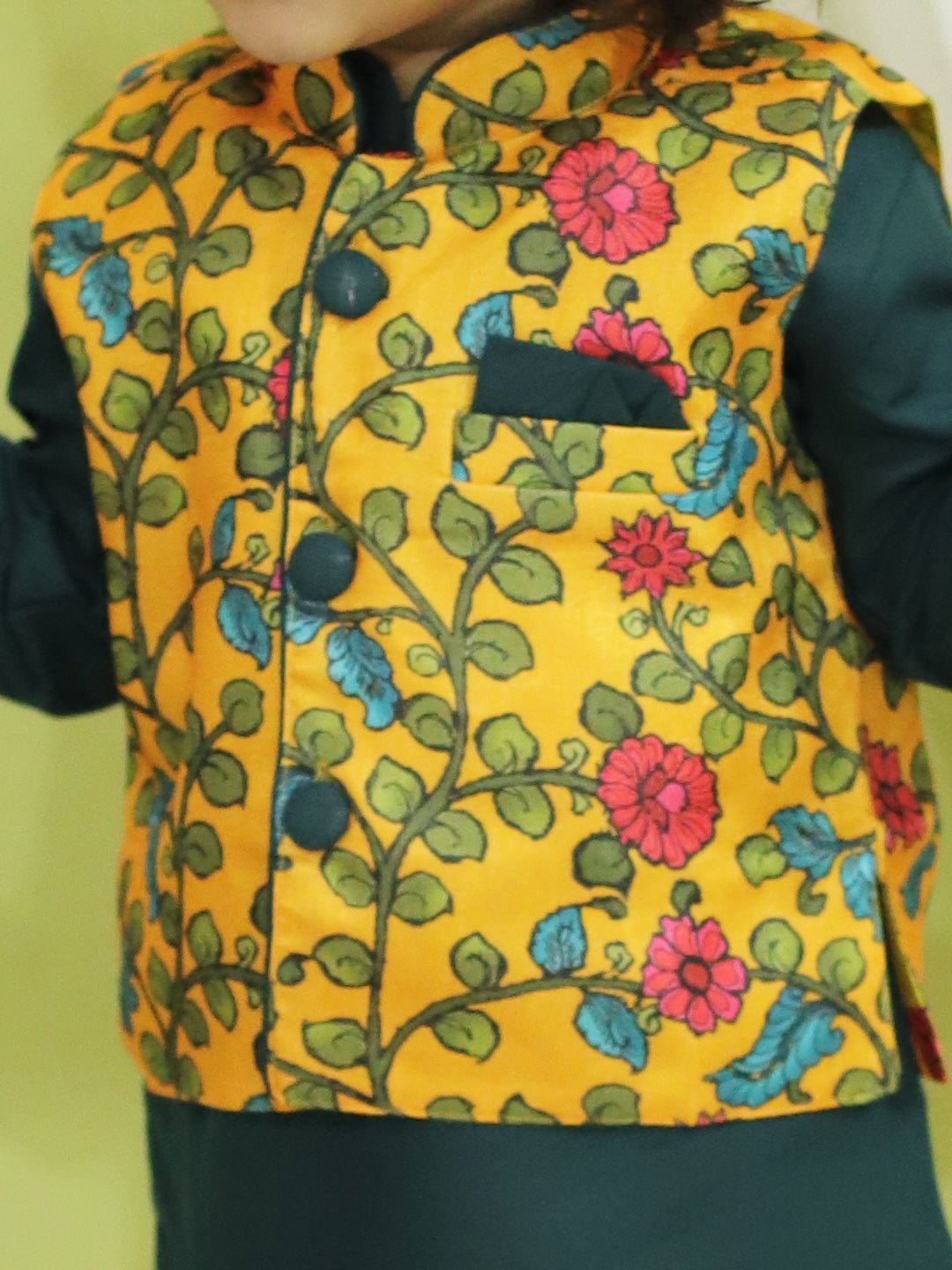 BownBee Kalamkari Print Party Dress Gown for Girls and Printed Jacket with Kurta Pajama for Boys- Yellow