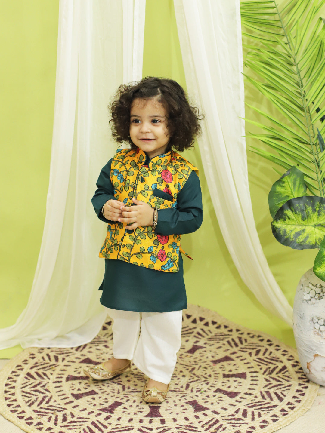 BownBee Kalamkari Print Party Dress Gown for Girls and Printed Jacket with Kurta Pajama for Boys- Yellow