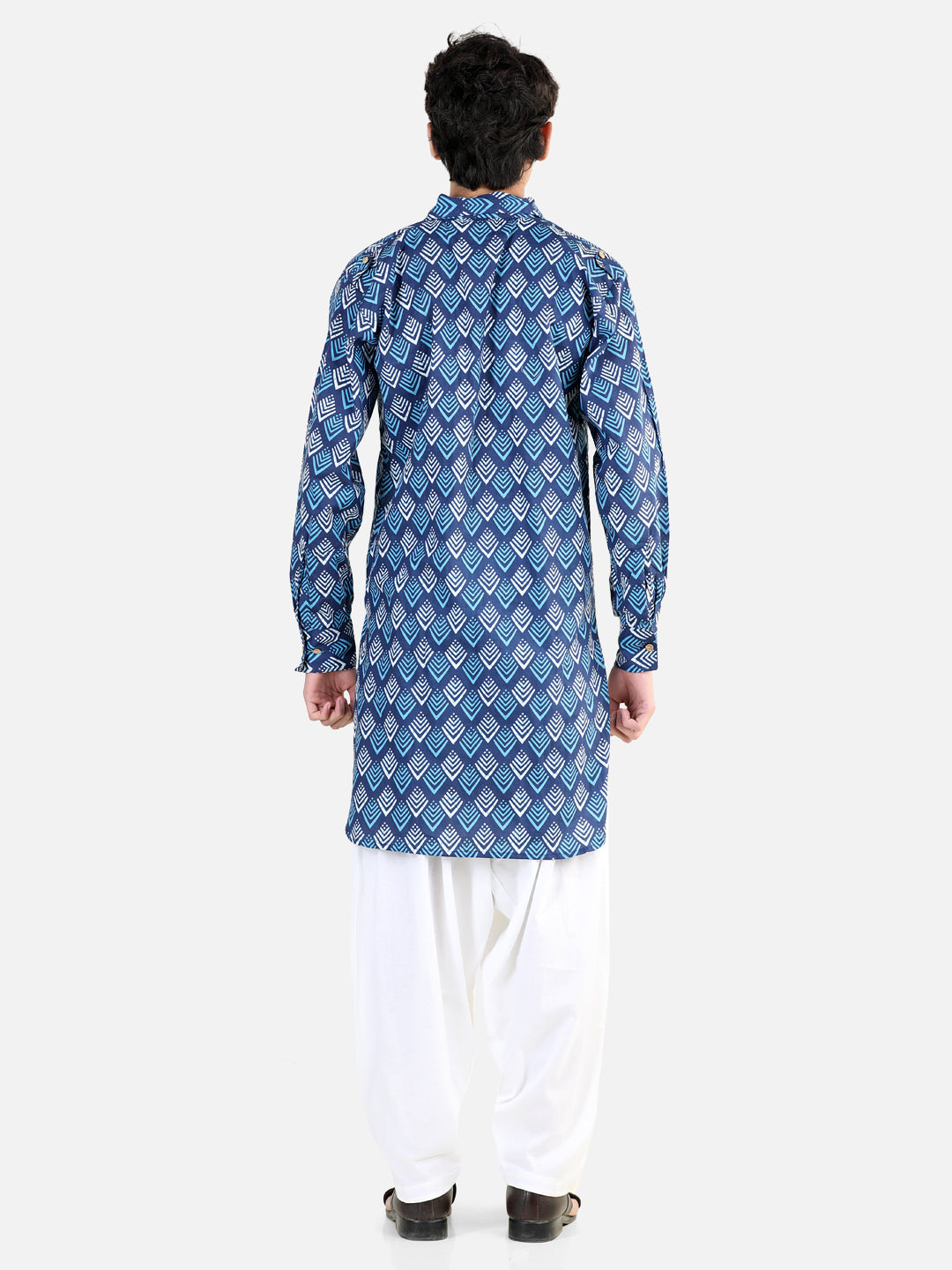 BownBee Printed Cotton Full Sleeve Pathani Salwar Set for Boys- Blue