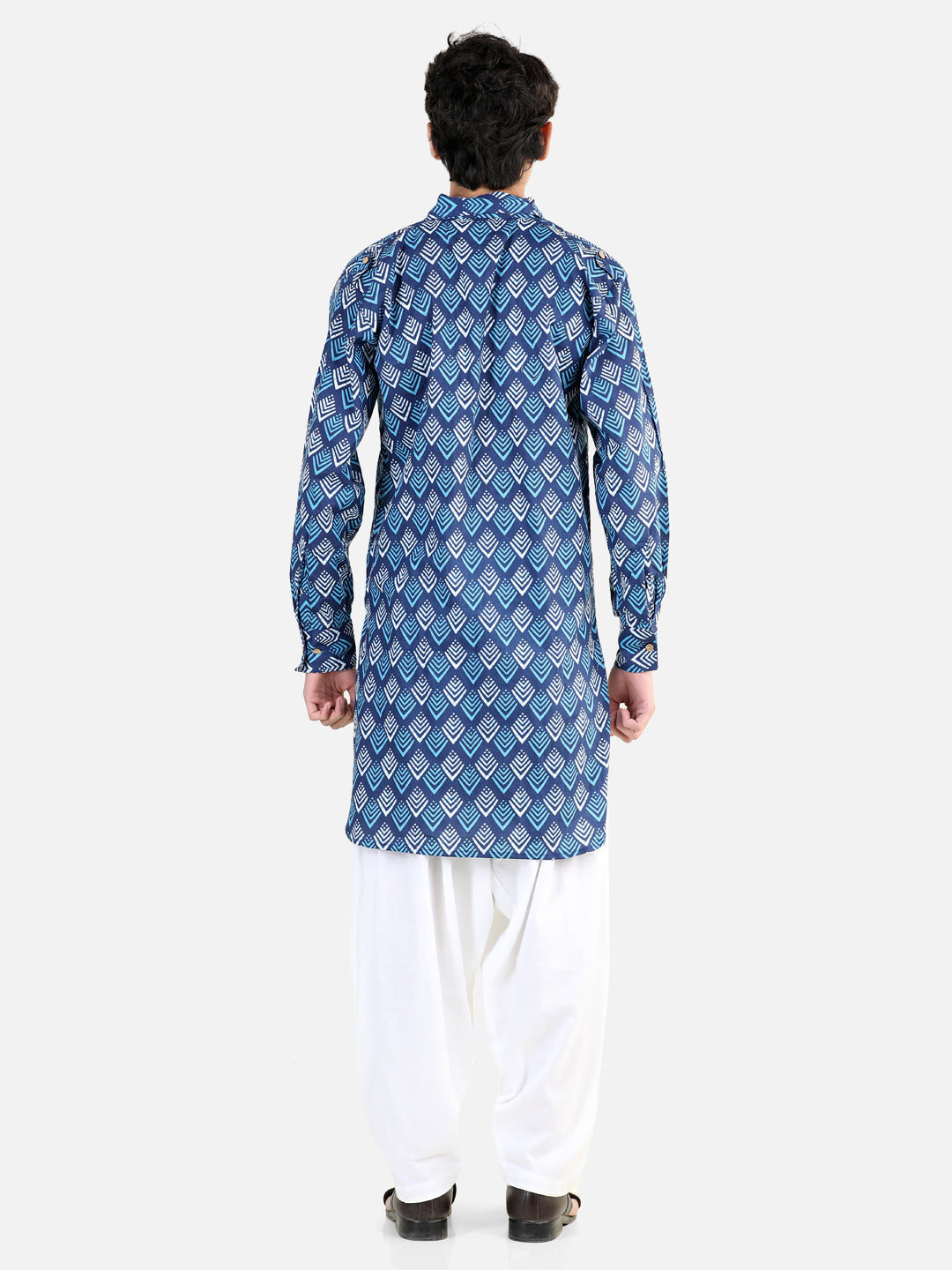 BownBee Printed Cotton Full Sleeve Pathani Salwar Set for Boys- Blue
