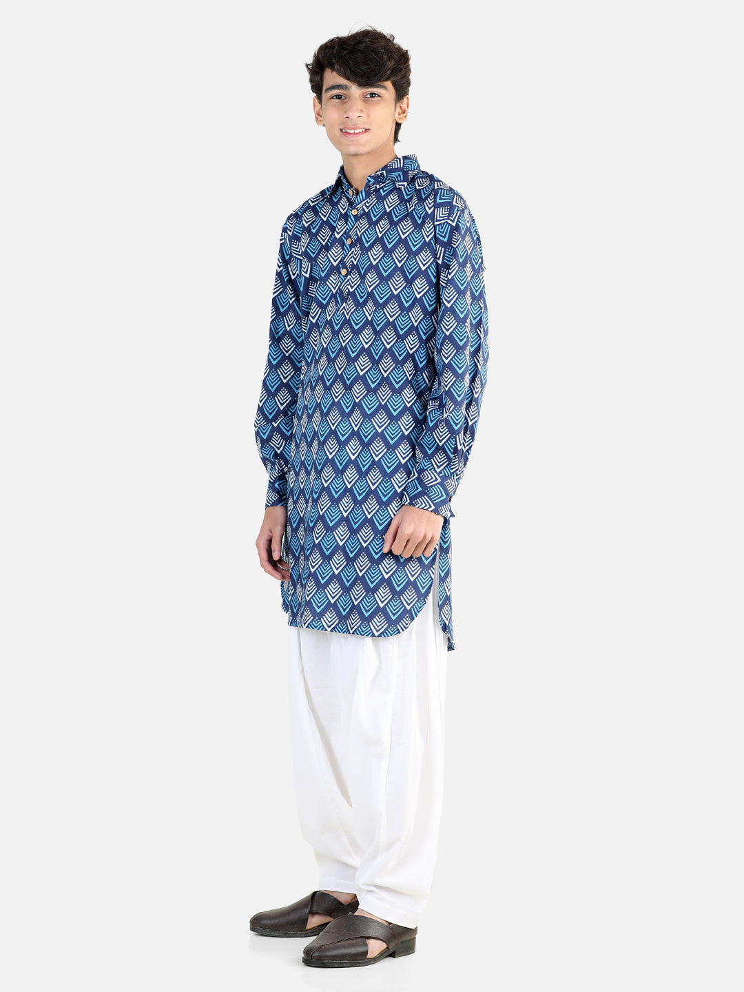 BownBee Printed Cotton Full Sleeve Pathani Salwar Set for Boys- Blue