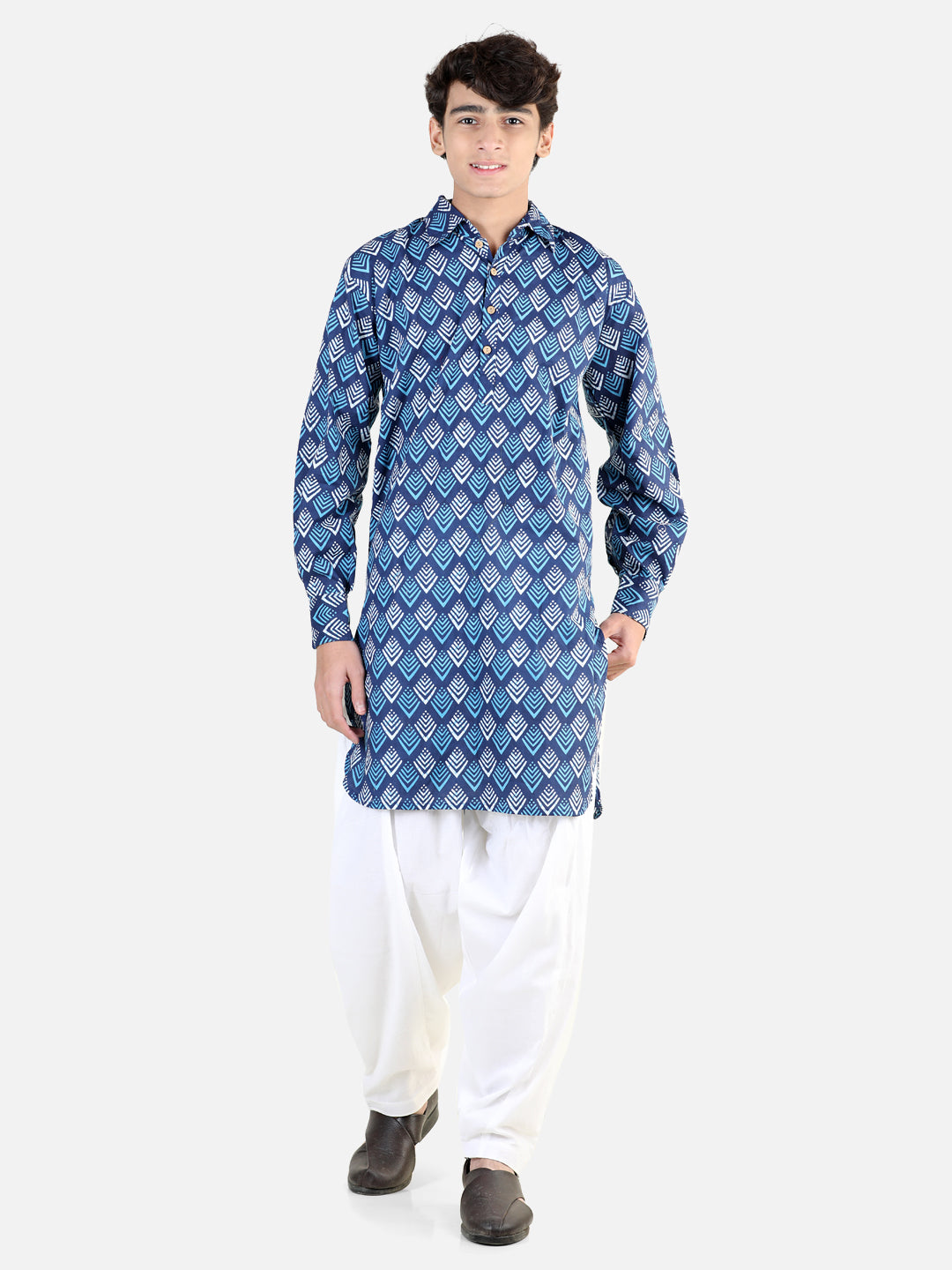 BownBee Printed Cotton Full Sleeve Pathani Salwar Set for Boys- Blue