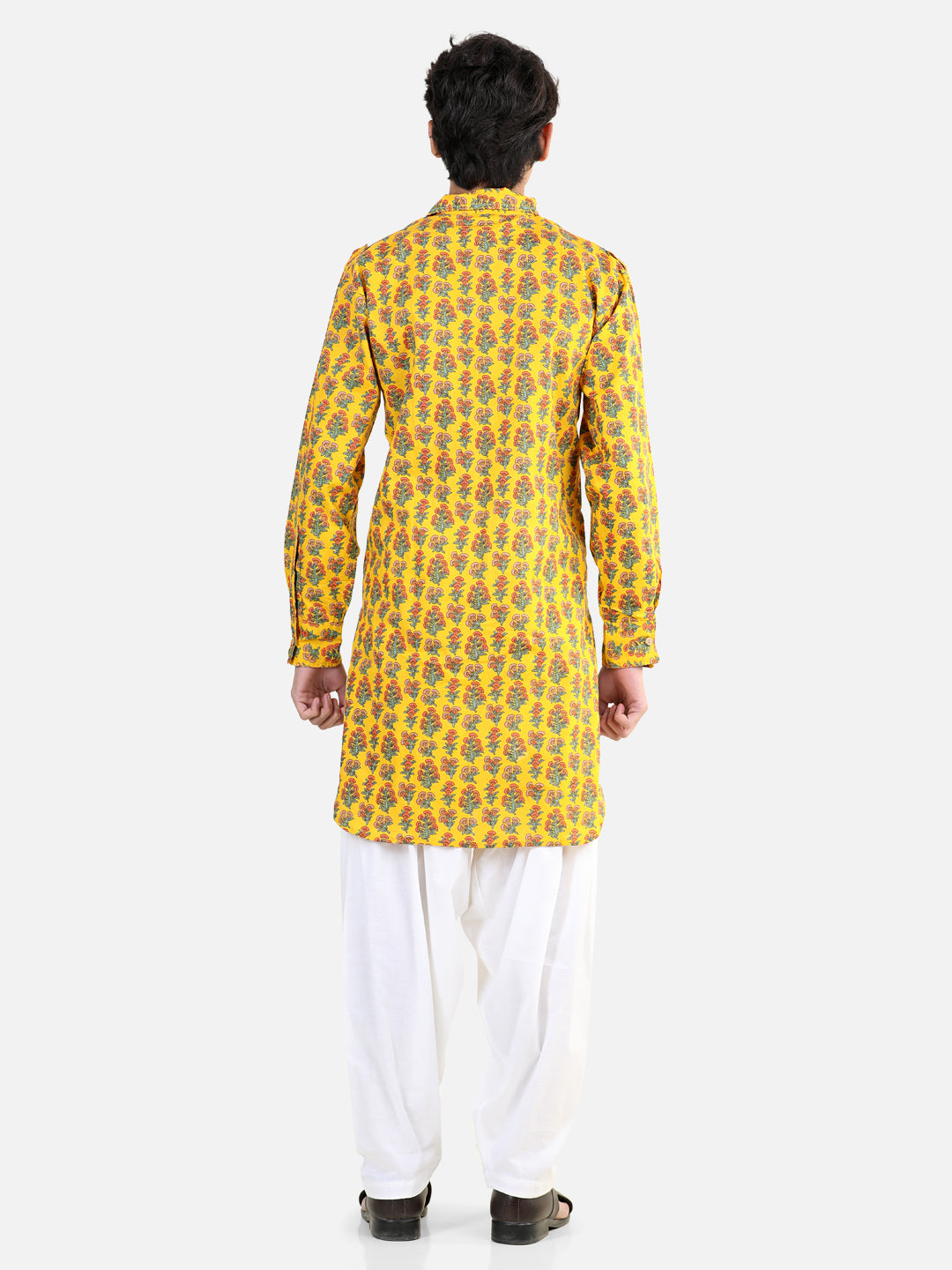 BownBee Printed Cotton Full Sleeve Pathani Salwar Set for Boys- Yellow