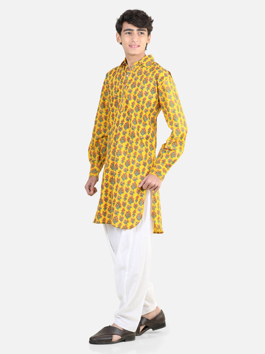 BownBee Printed Cotton Full Sleeve Pathani Salwar Set for Boys- Yellow