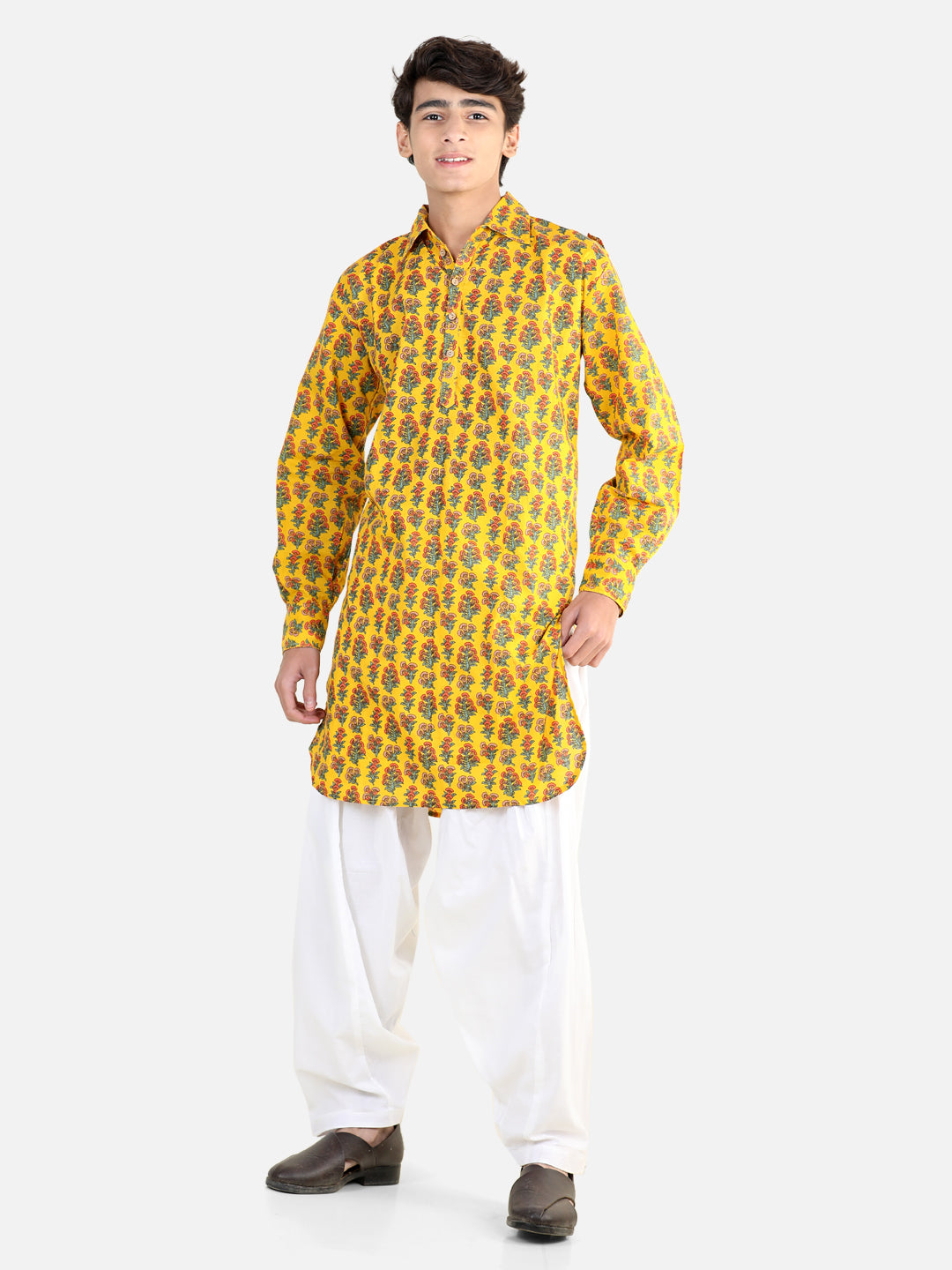 BownBee Printed Cotton Full Sleeve Pathani Salwar Set for Boys- Yellow