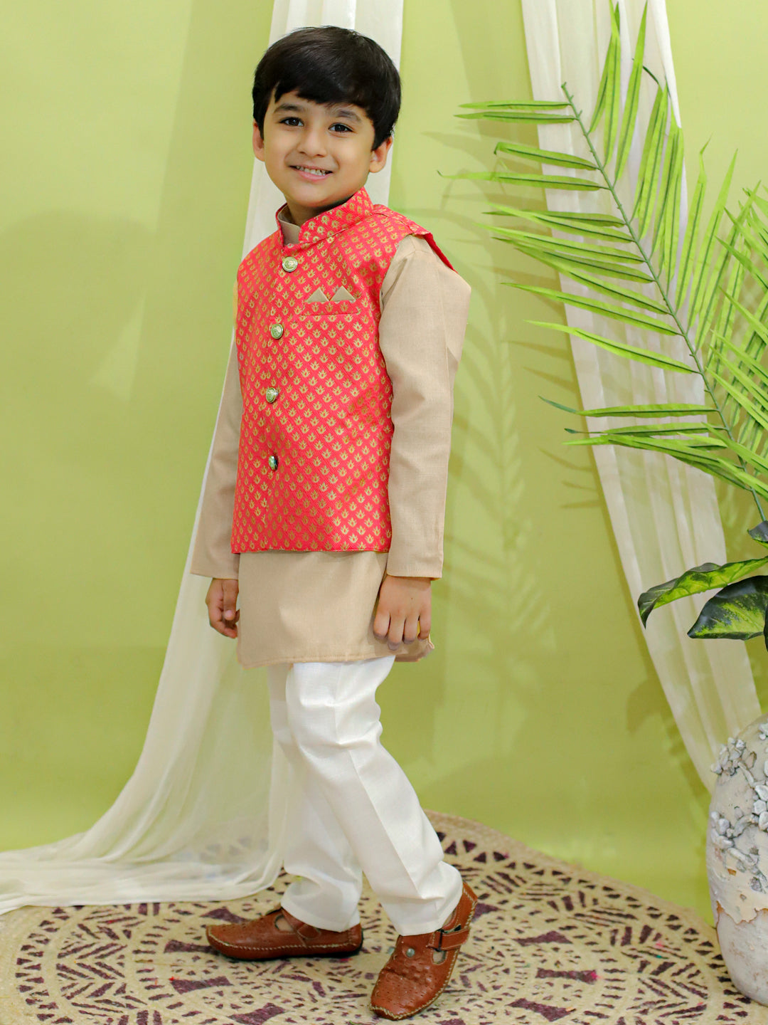 BownBee Jacquard Jacket with Cotton Kurta Pajama for Boys- Coral