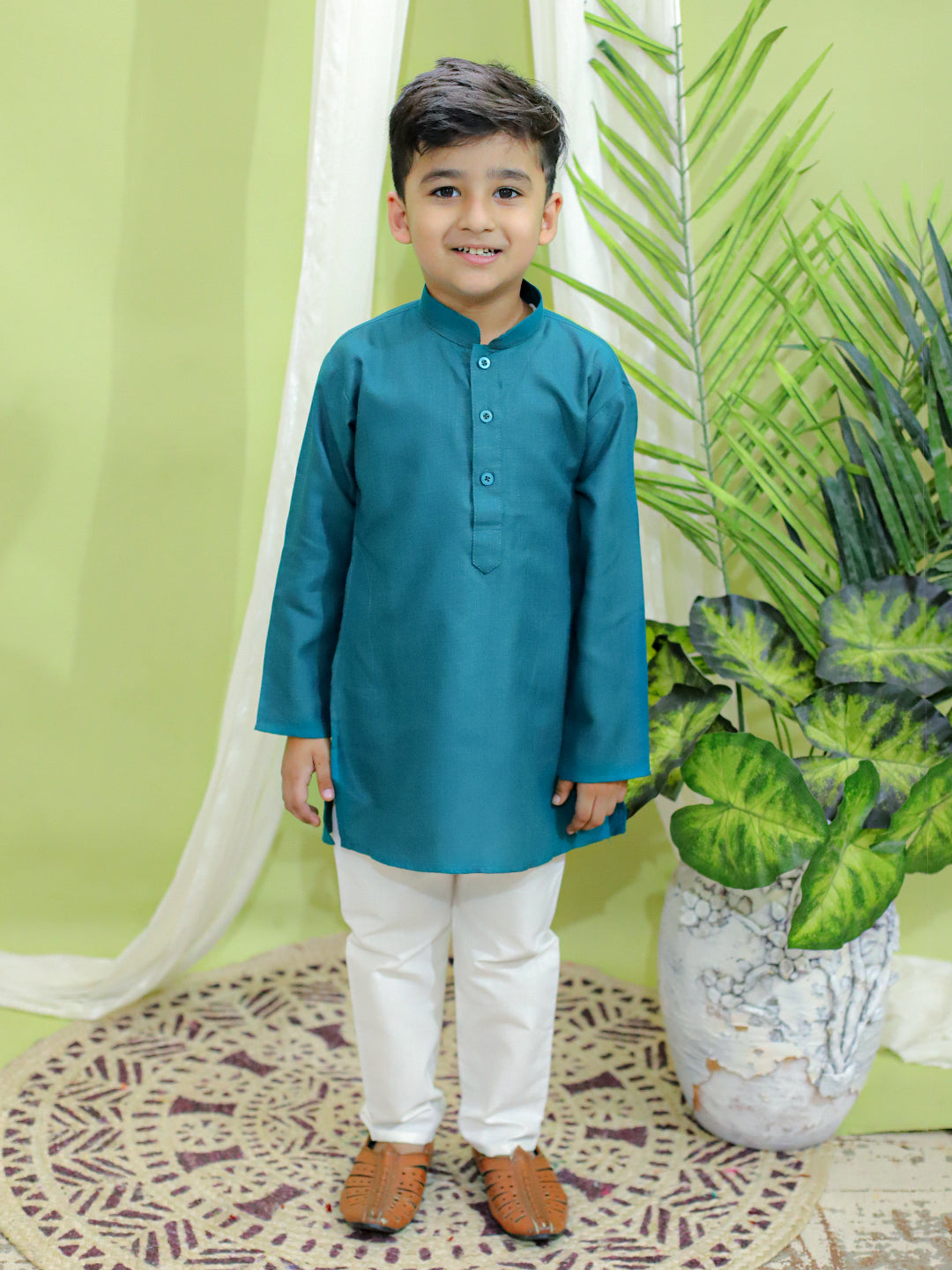 BownBee Jacquard Jacket with Cotton Kurta Pajama for Boys- Yellow