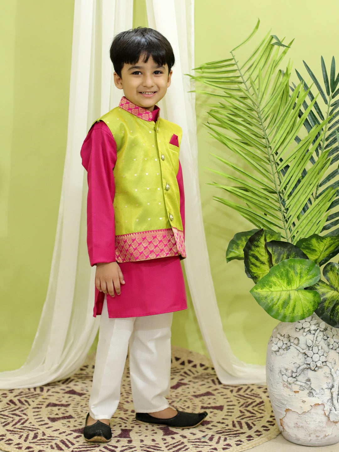 BownBee Silk Jacket with Cotton Kurta Pajama for Boys- Green