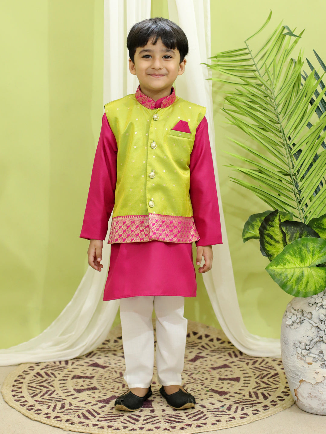 BownBee Silk Jacket with Cotton Kurta Pajama for Boys- Green with Silk Booti Party Dress Gown for Girls- Green