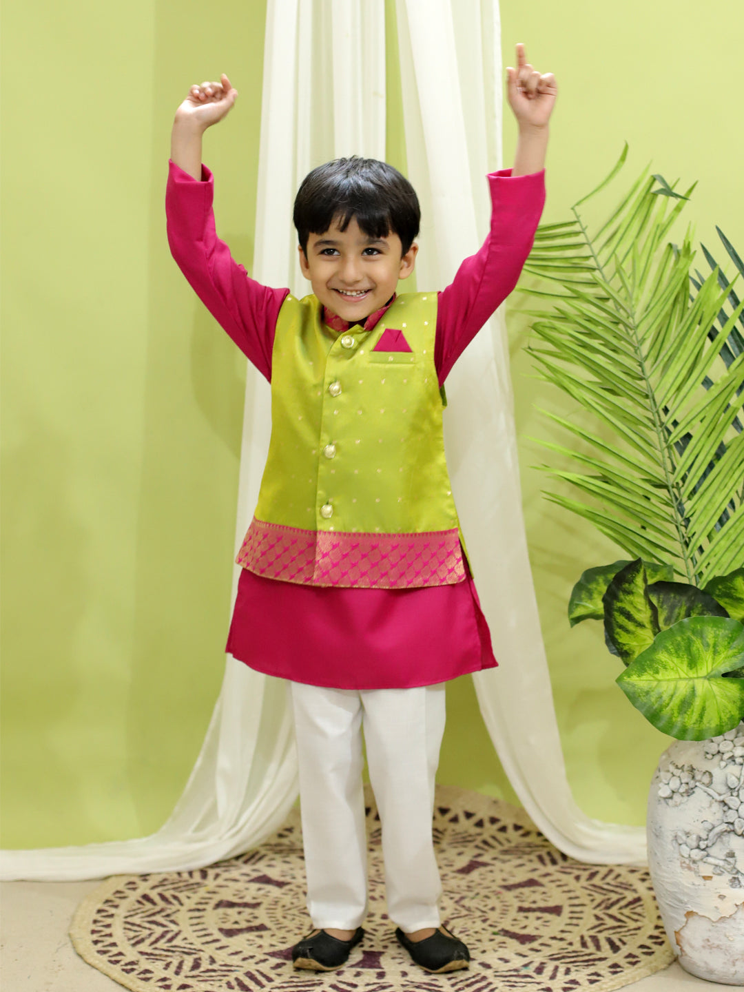 BownBee Silk Jacket with Cotton Kurta Pajama for Boys- Green with Silk Booti Party Dress Gown for Girls- Green