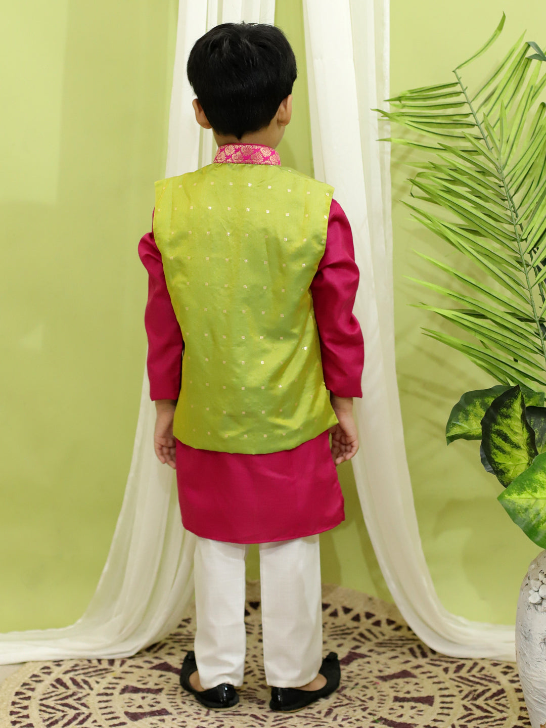 BownBee Silk Jacket with Cotton Kurta Pajama for Boys- Green