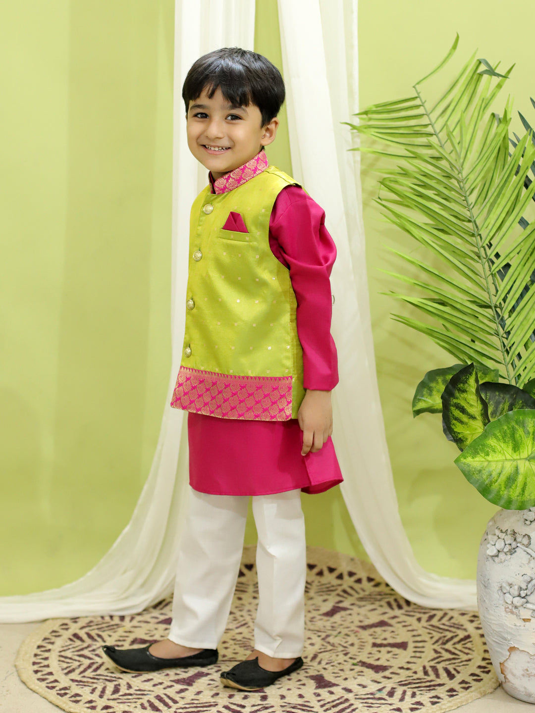 BownBee Silk Jacket with Cotton Kurta Pajama for Boys- Green