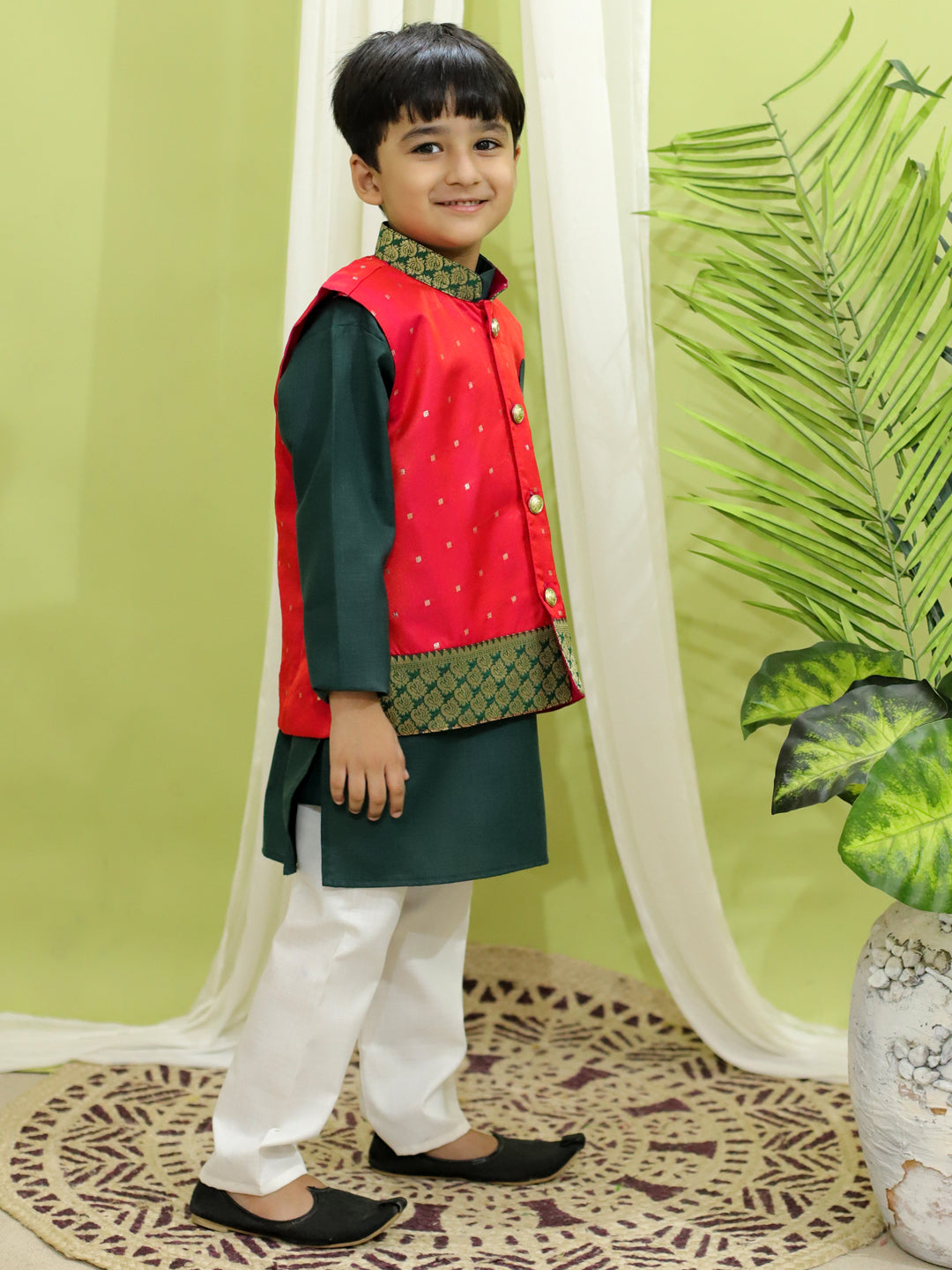 BownBee Silk Jacket with Cotton Kurta Pajama for Boys- Pink