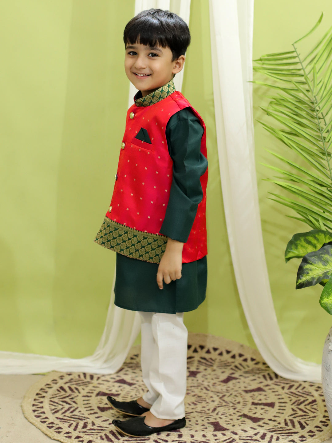 BownBee Silk Jacket with Cotton Kurta Pajama for Boys- Pink