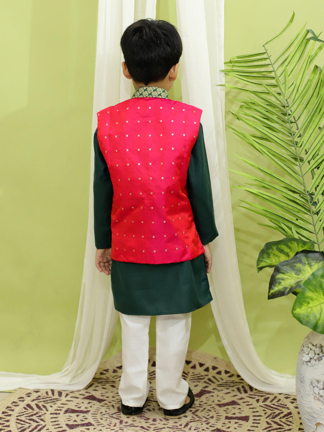 BownBee Silk Jacket with Cotton Kurta Pajama for Boys- Pink with Silk Booti Party Dress Gown for Girls- Pink