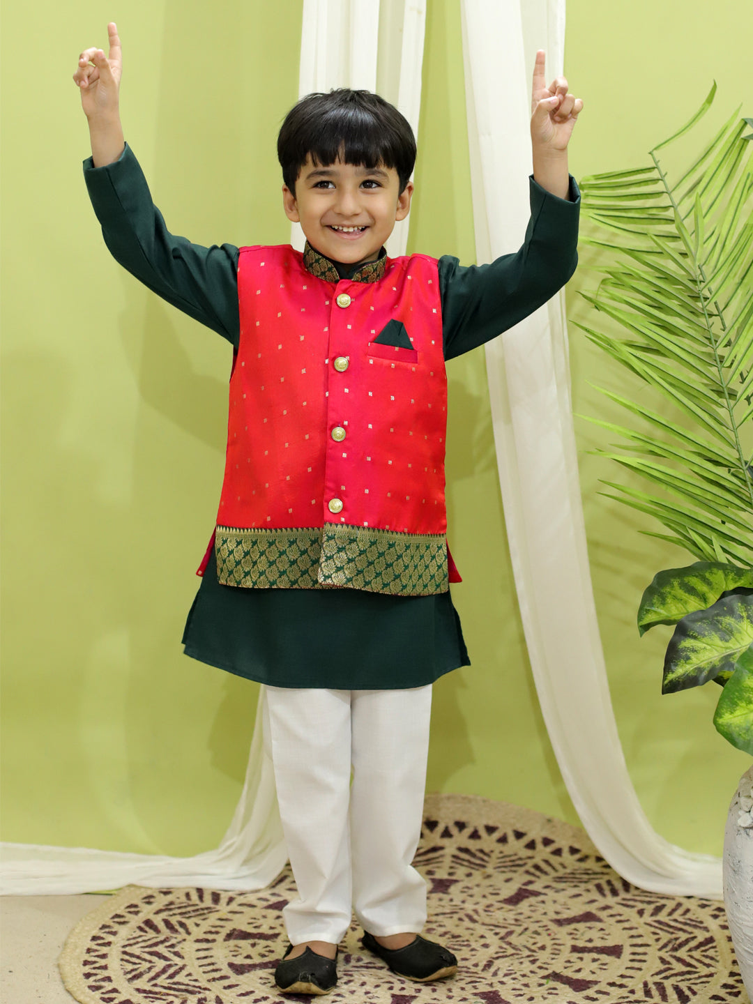 BownBee Silk Jacket with Cotton Kurta Pajama for Boys- Pink with Silk Booti Party Dress Gown for Girls- Pink