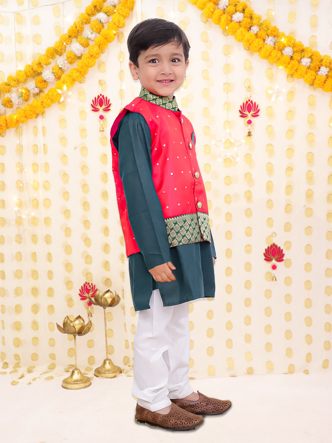 BownBee Silk Jacket with Cotton Kurta Pajama for Boys- Pink