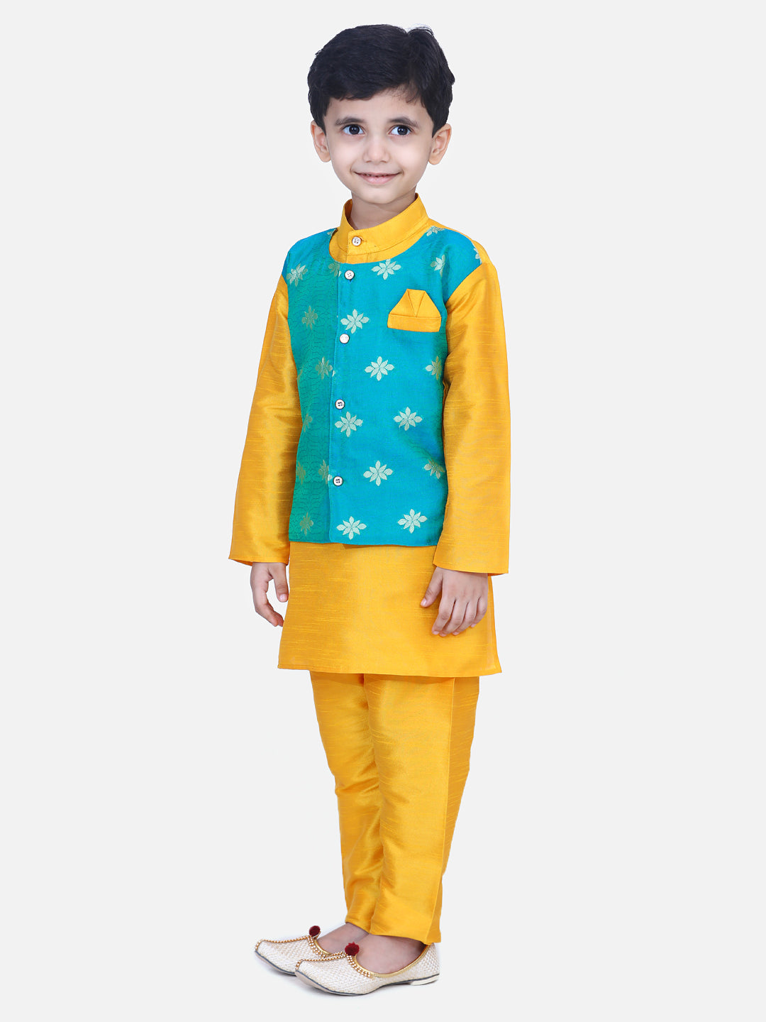 BownBee Attached Chiffon Jacket Full Sleeve Kurta Pajama For Boy - Orange